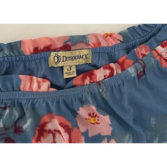 Democracy Floral Print Boho Ruffle Peasant Hippie Blouse S Mesh Fabric Blue $68 - Picture 8 of 11